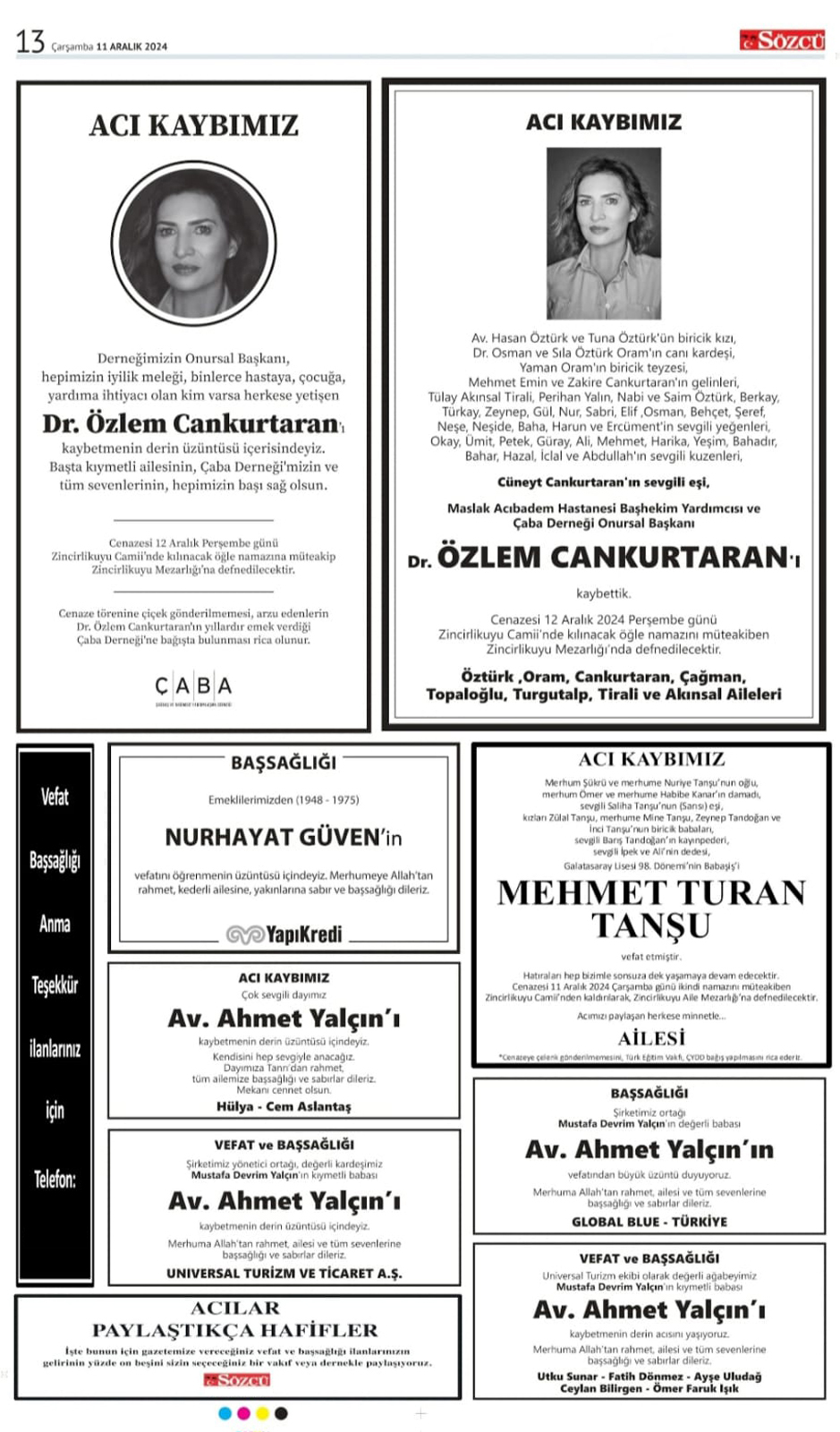11 Aralık 2024 Sözcü Gazetesi vefat ve başsağlığı ilanları