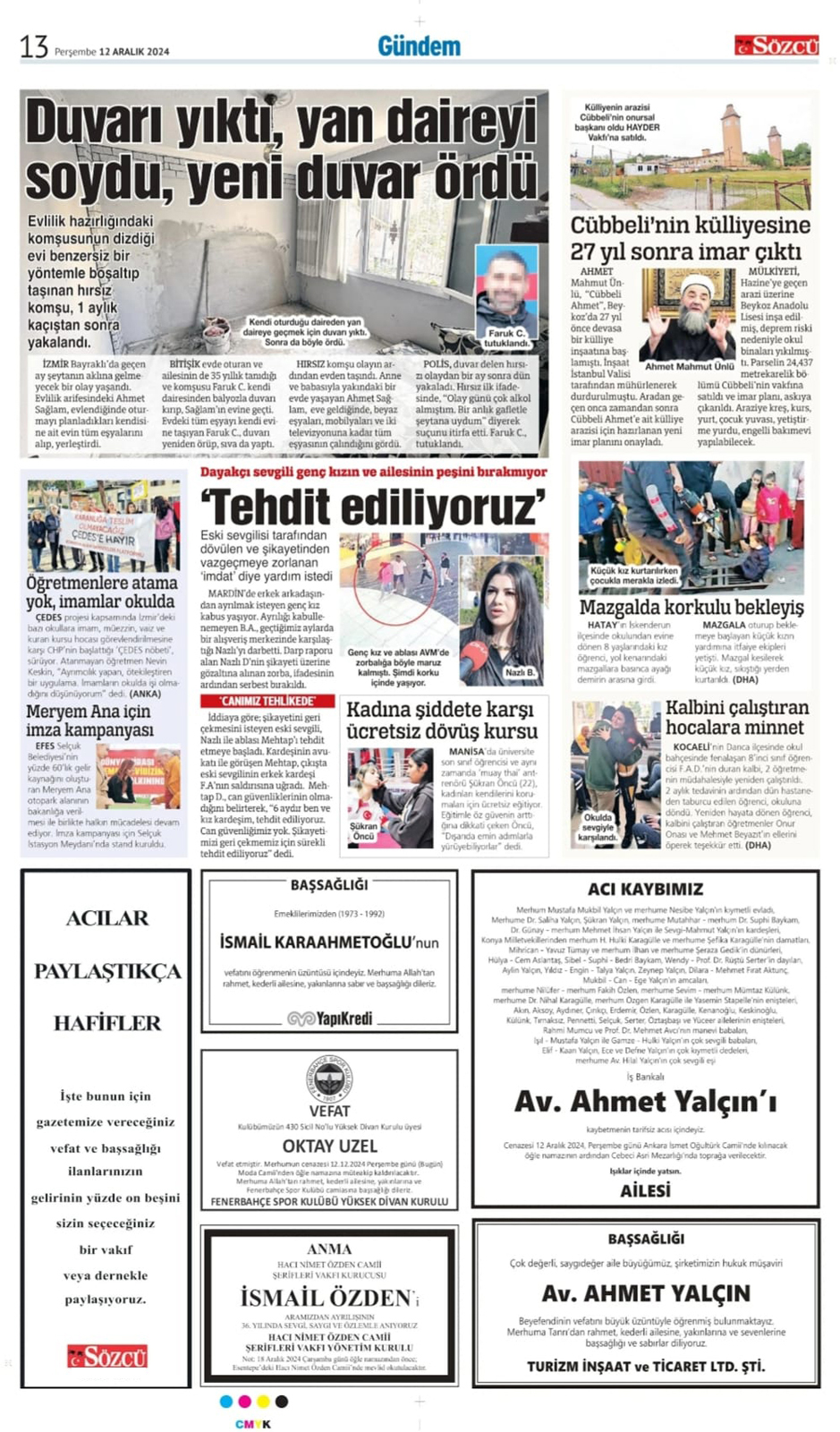 12 Aralık 2024 Sözcü Gazetesi vefat ve başsağlığı ilanları