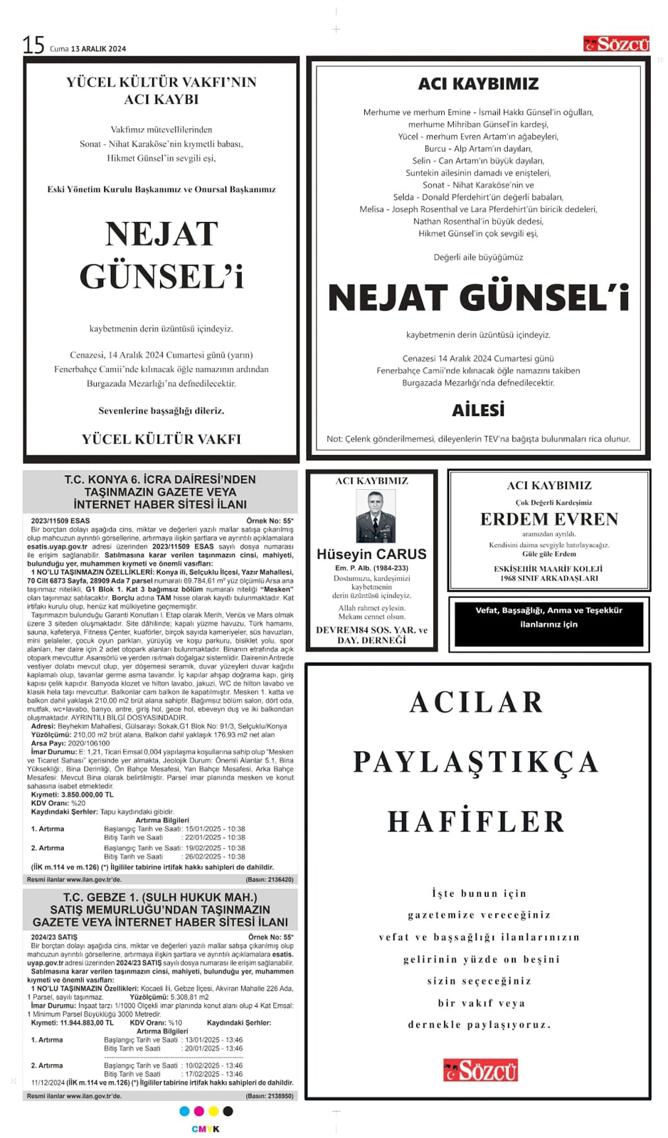 13 Aralık 2024 Sözcü Gazetesi vefat ve başsağlığı ilanları