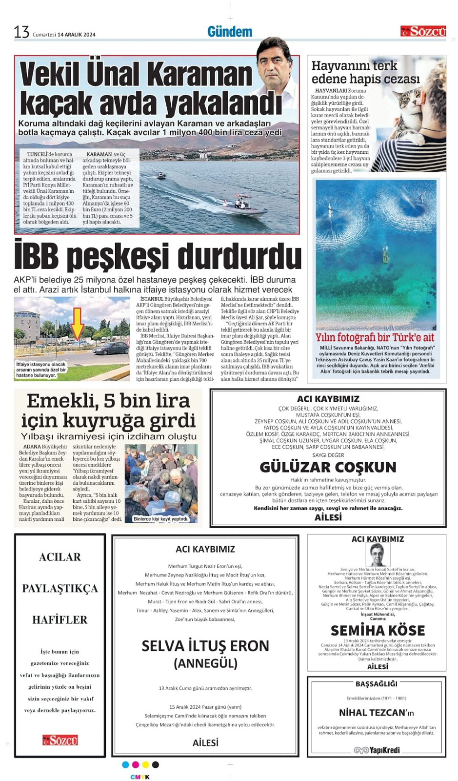 14 Aralık 2024 Sözcü Gazetesi vefat ve başsağlığı ilanları