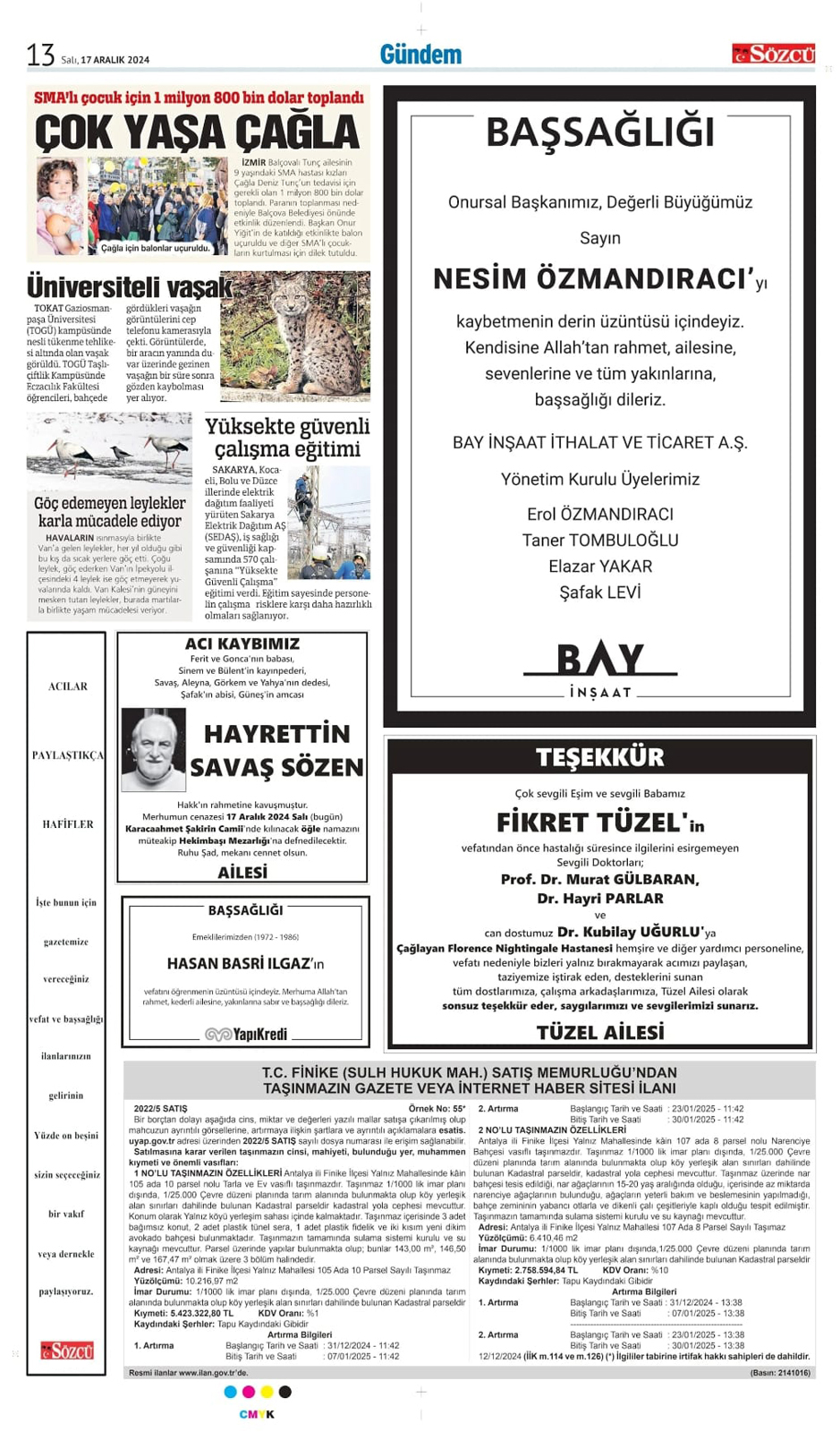 17 Aralık 2024 Sözcü Gazetesi vefat ve başsağlığı ilanları