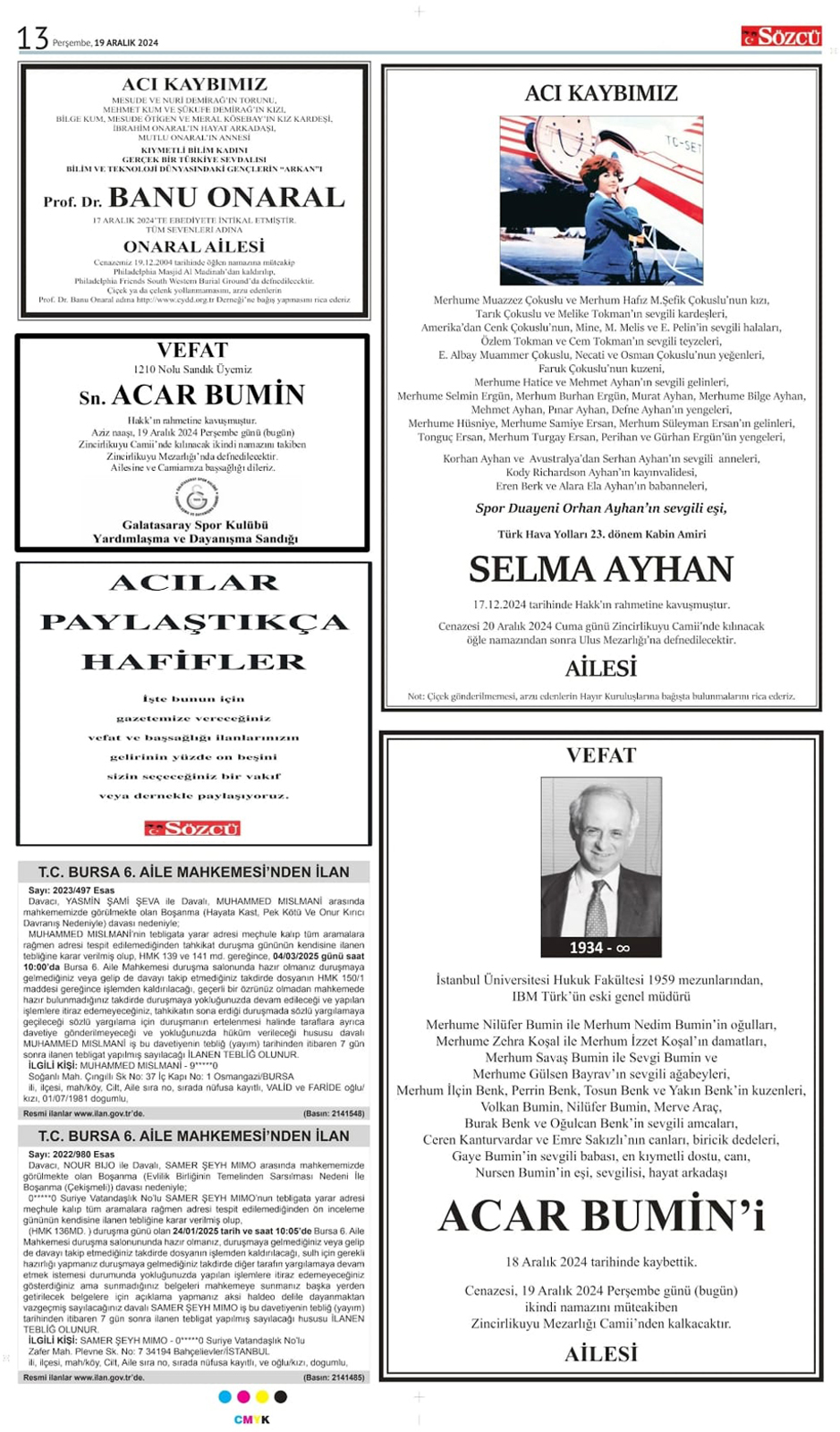 19 Aralık 2024 Sözcü Gazetesi vefat ve başsağlığı ilanları 2