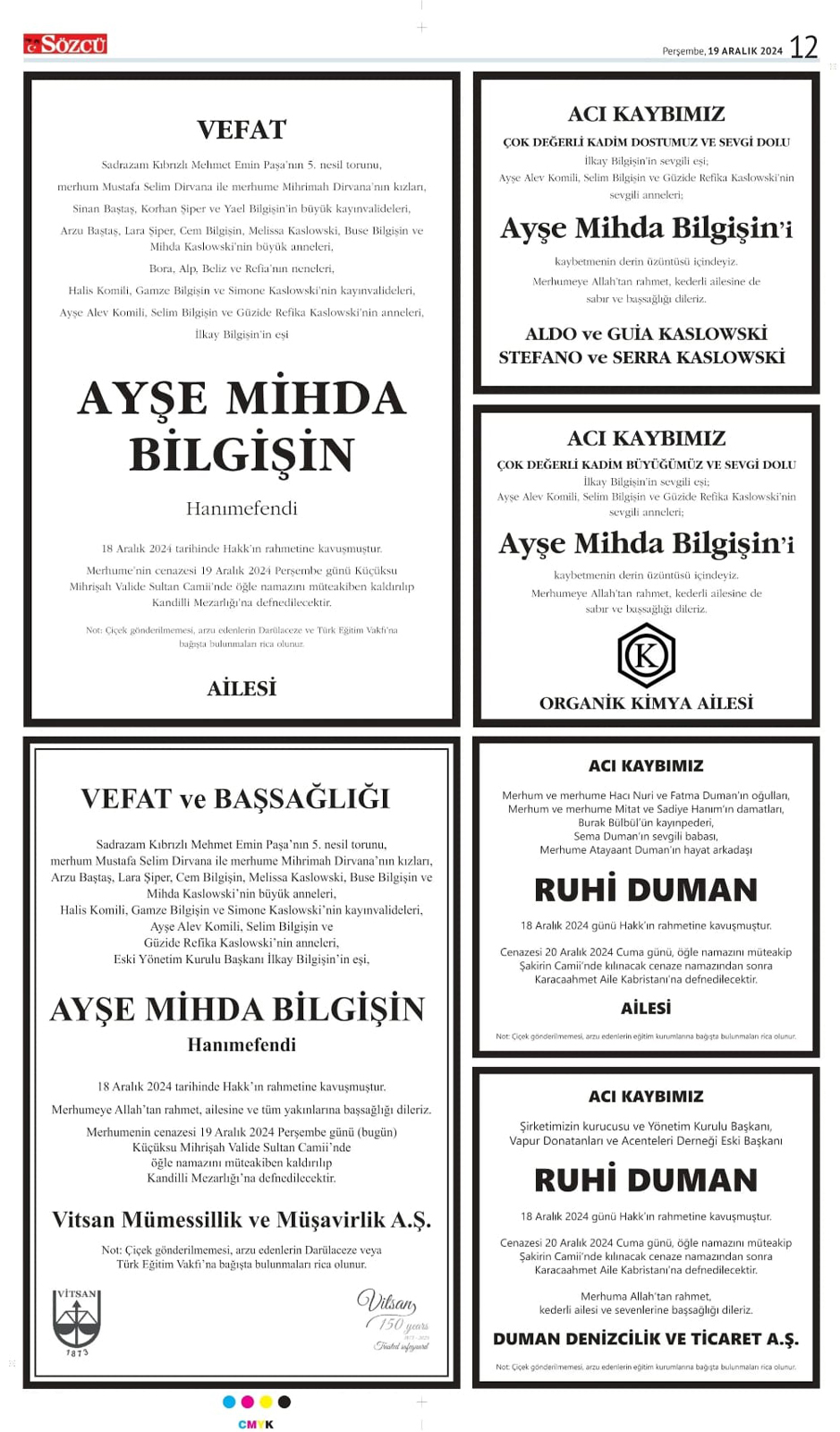19 Aralık 2024 Sözcü Gazetesi vefat ve başsağlığı ilanları 3