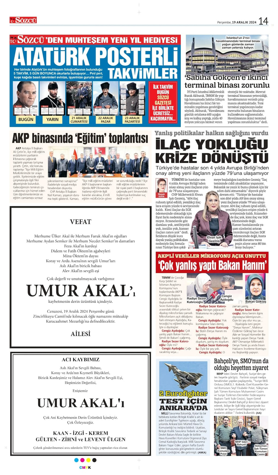 19 Aralık 2024 Sözcü Gazetesi vefat ve başsağlığı ilanları