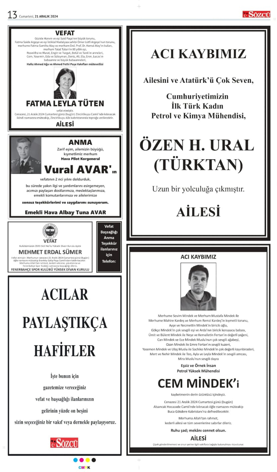 21 Aralık 2024 Sözcü Gazetesi vefat ve başsağlığı ilanları