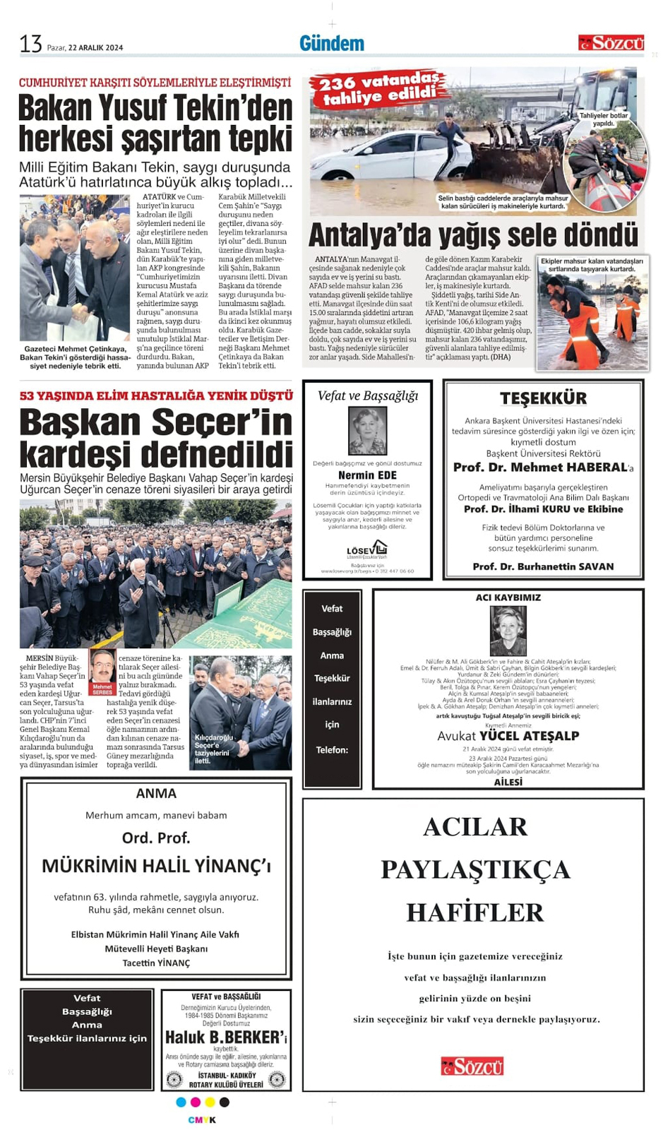 22 Aralık 2024 Sözcü Gazetesi vefat ve başsağlığı ilanları