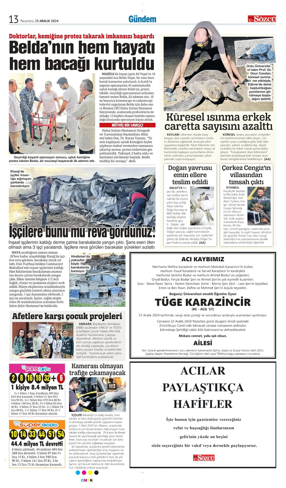 23 Aralık 2024 Sözcü Gazetesi vefat ve başsağlığı ilanları