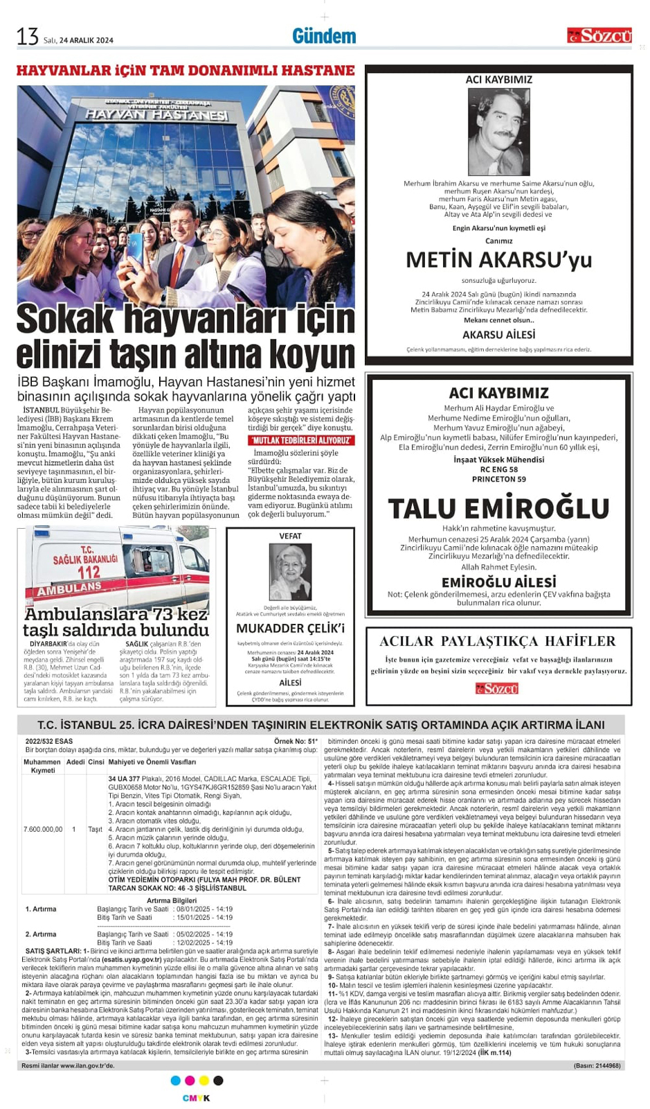 24 Aralık 2024 Sözcü Gazetesi vefat ve başsağlığı ilanları
