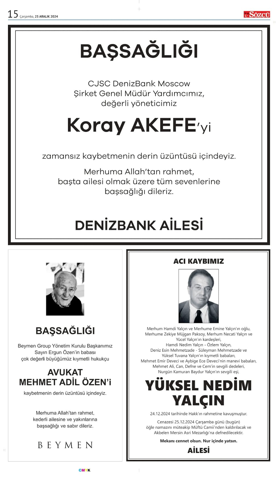 25 Aralık 2024 Sözcü Gazetesi vefat ve başsağlığı ilanları 2