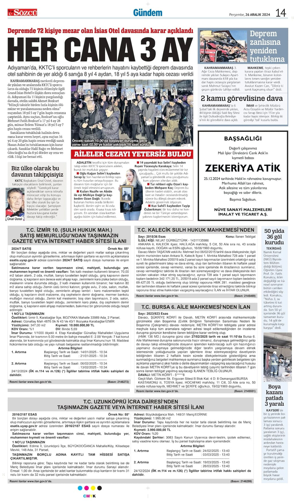 26 Aralık 2024 Sözcü Gazetesi vefat ve başsağlığı ilanları