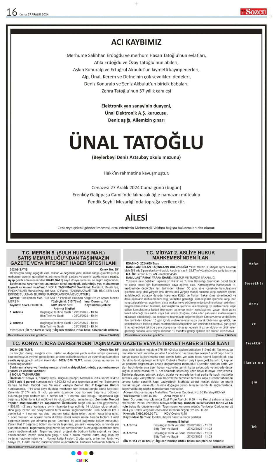 27 Aralık 2024 Sözcü Gazetesi vefat ve başsağlığı ilanları 3