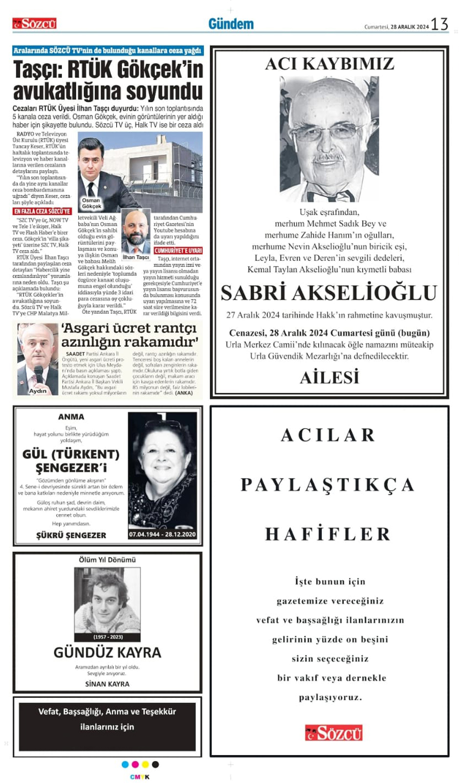 28 Aralık 2024 Sözcü Gazetesi vefat ve başsağlığı ilanları