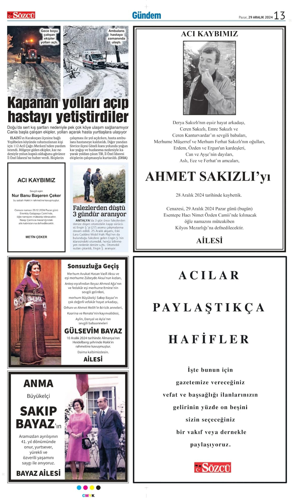 29 Aralık 2024 Sözcü Gazetesi vefat ve başsağlığı ilanları
