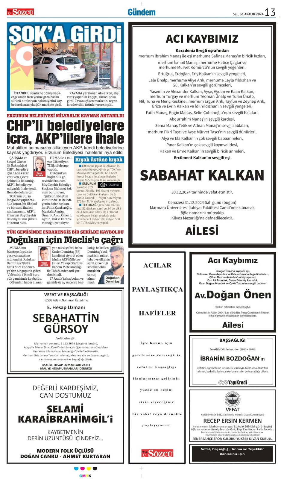 31 Aralık 2024 Sözcü Gazetesi vefat ve başsağlığı ilanları