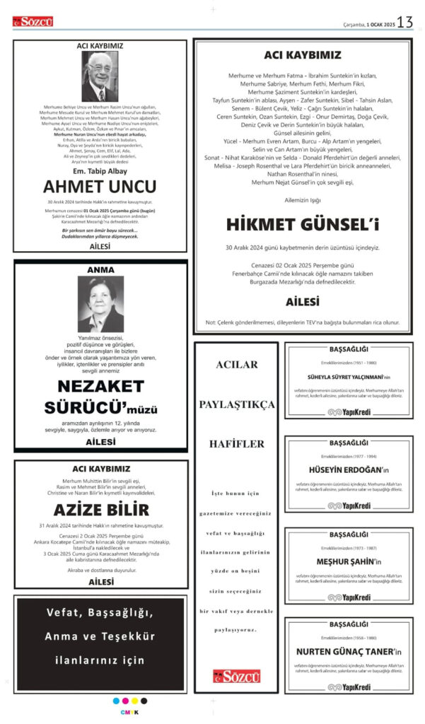 1 Ocak Vefat İlanı