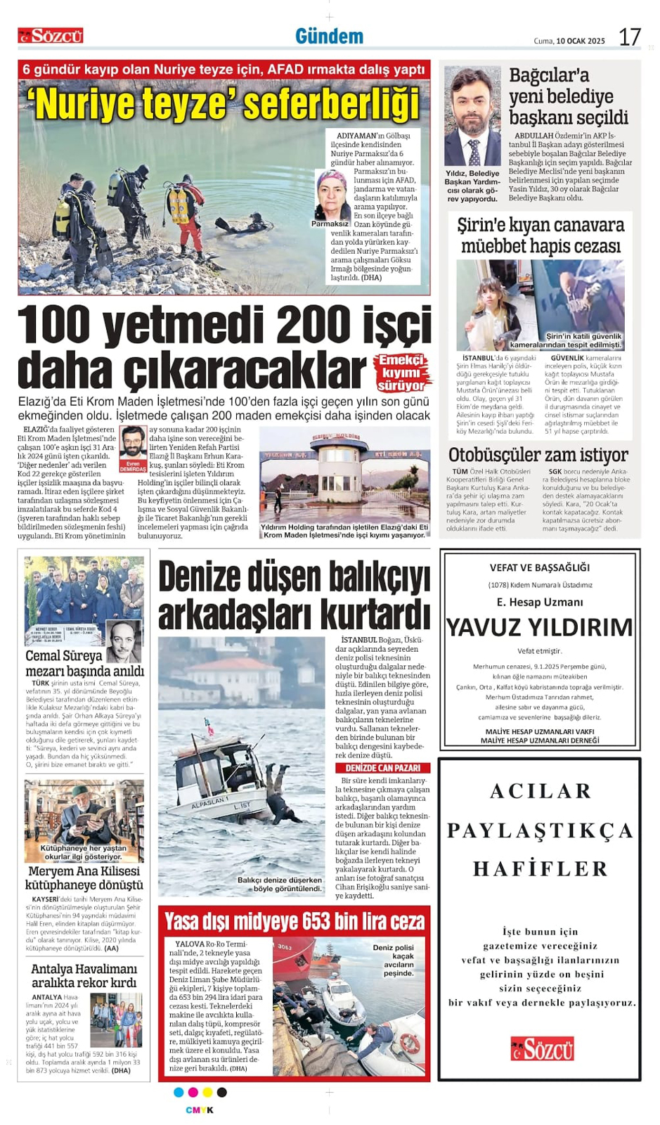 10 Ocak 2025 Sözcü Gazetesi vefat ve başsağlığı ilanları