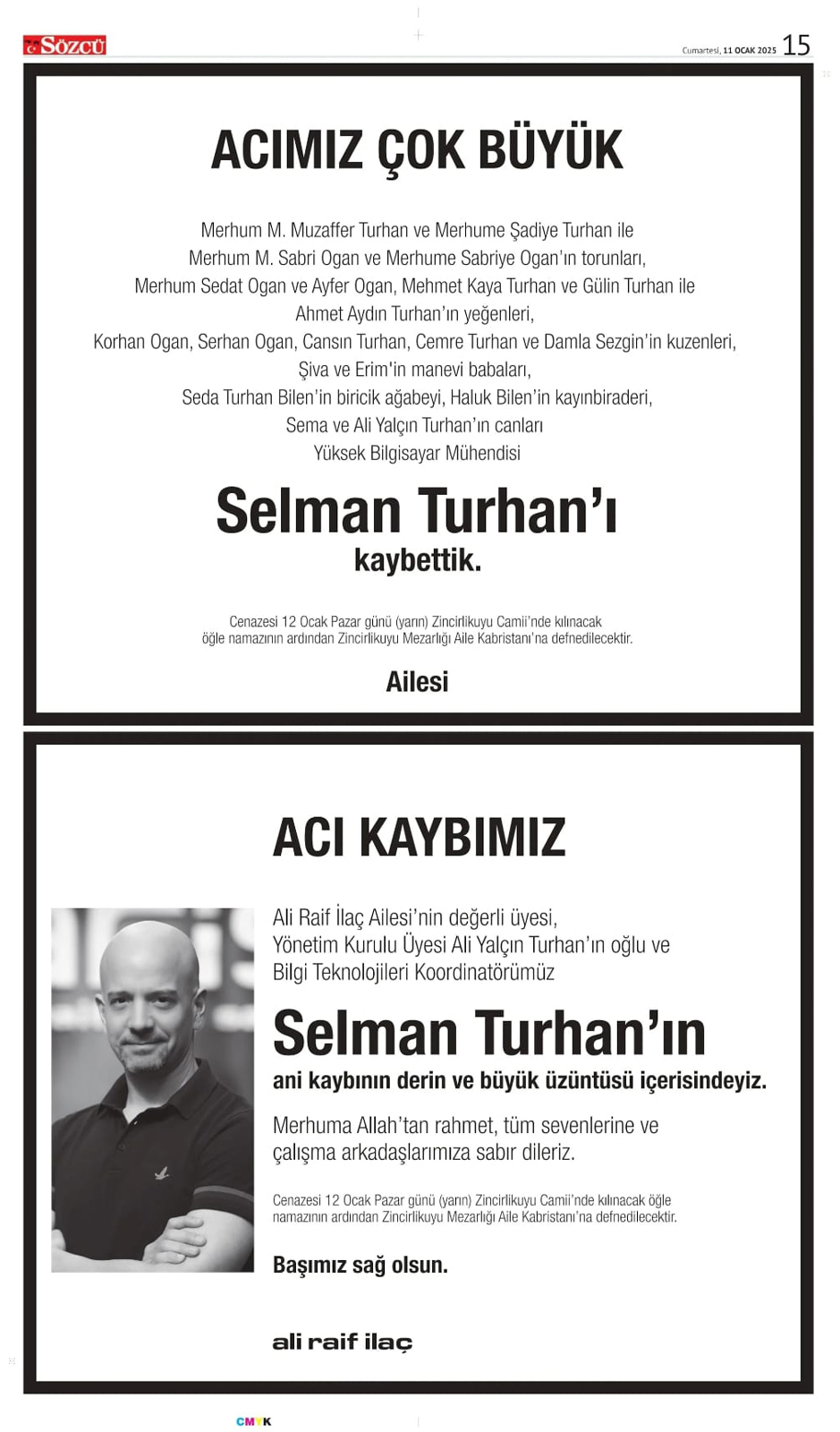 11 Ocak 2025 Sözcü Gazetesi vefat ve başsağlığı ilanları
