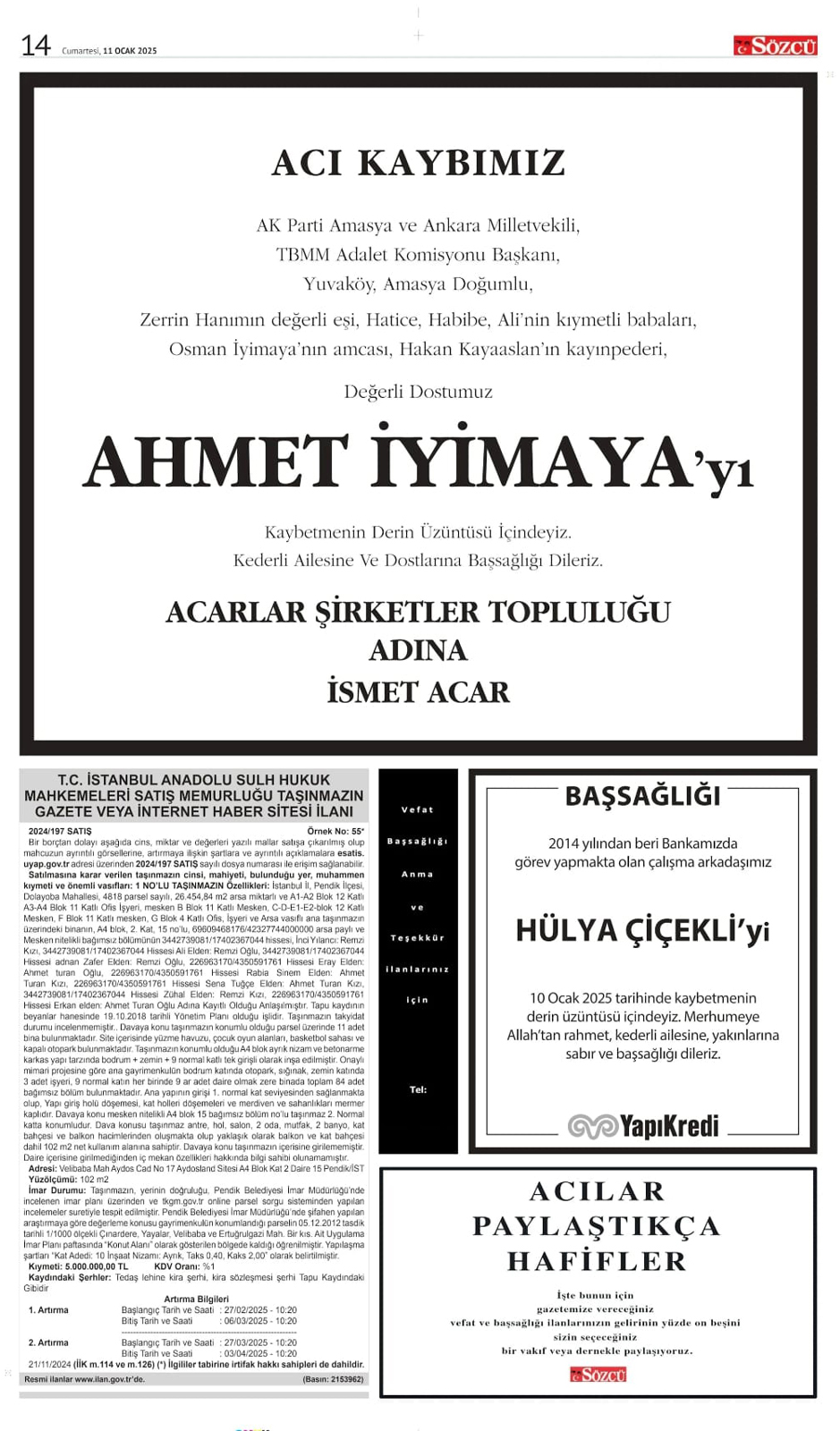 11 Ocak 2025 Sözcü Gazetesi vefat ve başsağlığı ilanları 2