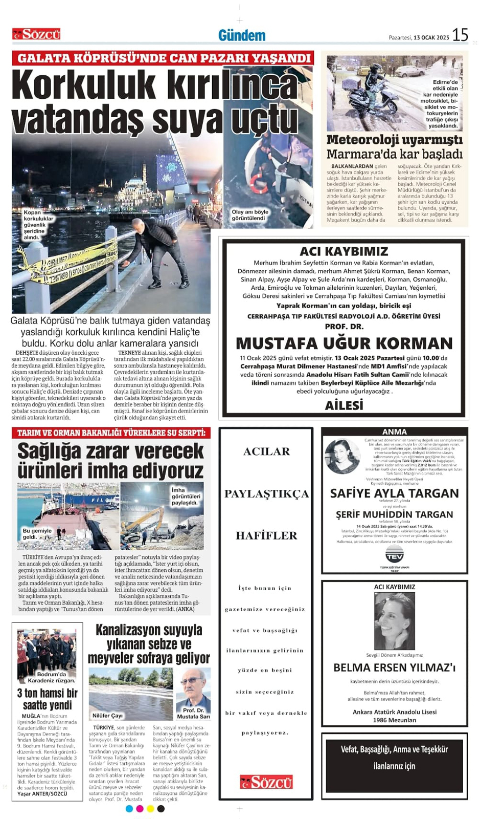13 Ocak 2025 Sözcü Gazetesi vefat ve başsağlığı ilanları