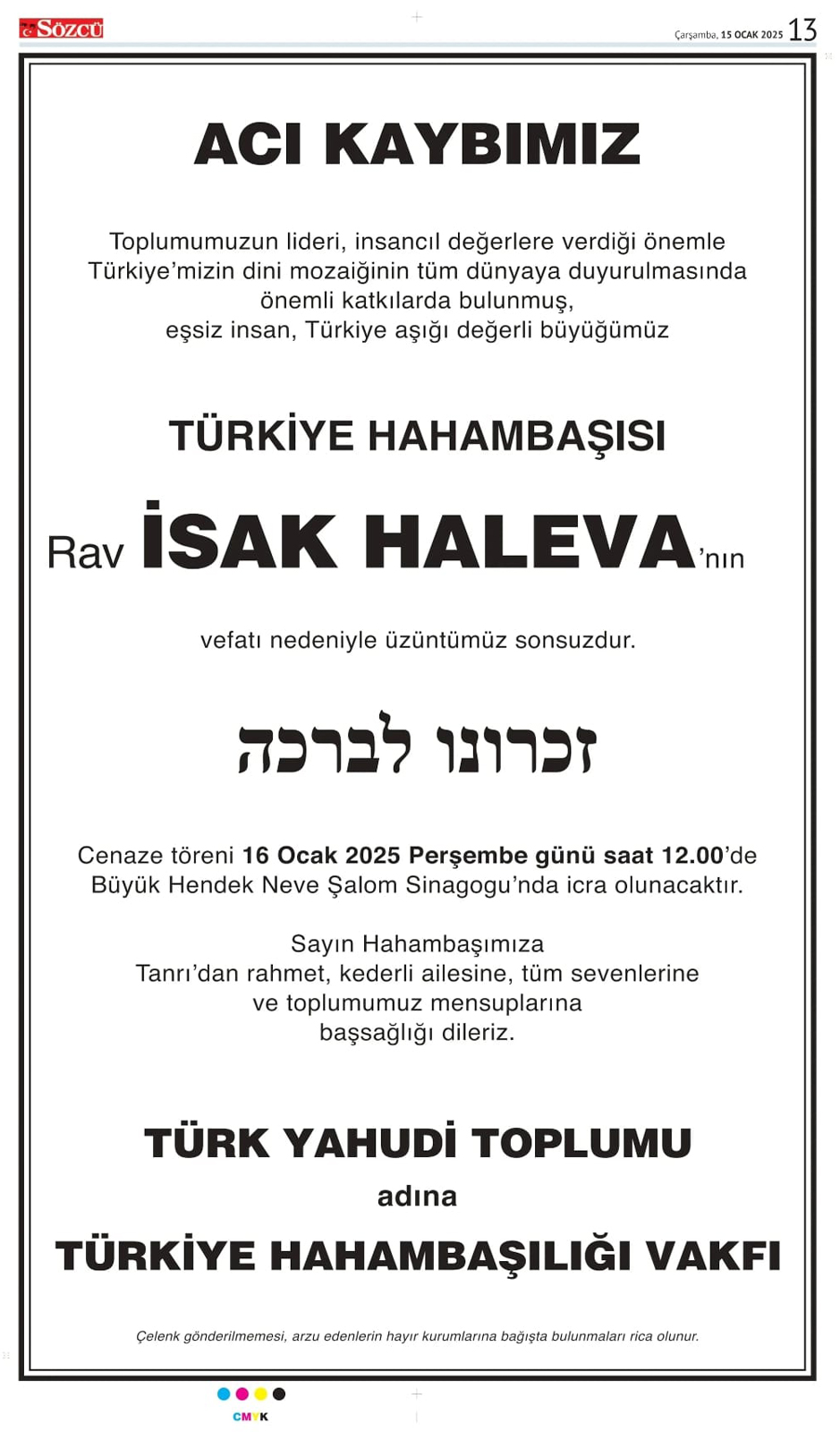 15 Ocak 2025 Sözcü Gazetesi vefat ve başsağlığı ilanları 2