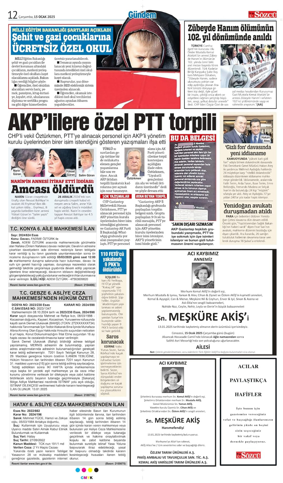 15 Ocak 2025 Sözcü Gazetesi vefat ve başsağlığı ilanları