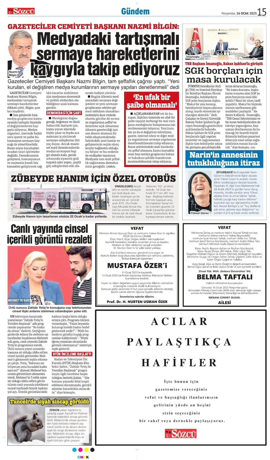 16 Ocak 2025 Sözcü Gazetesi vefat ve başsağlığı ilanları