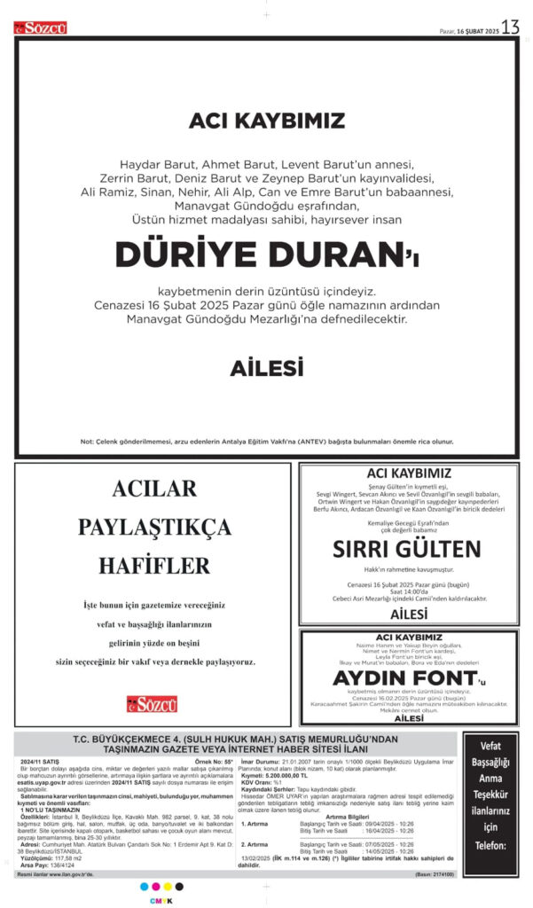 Sözcü 16 Şubat Vefat