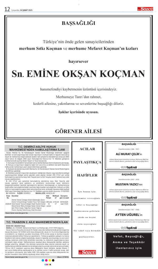 Sözcü 26 Şubat Vefat İlanı görseli