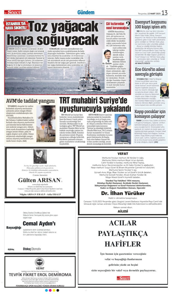 13 Mart Perşembe Vefat İlanı