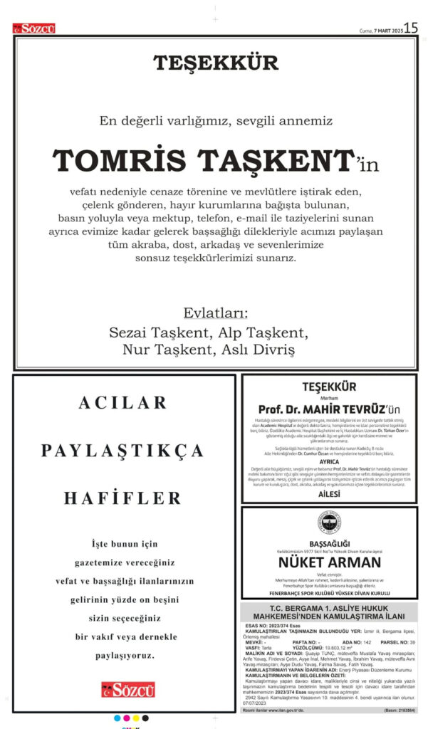 Tomris Taşkent Teşekkür İlanı