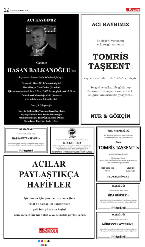 Sözcü 1 Mart Vefat İlanı