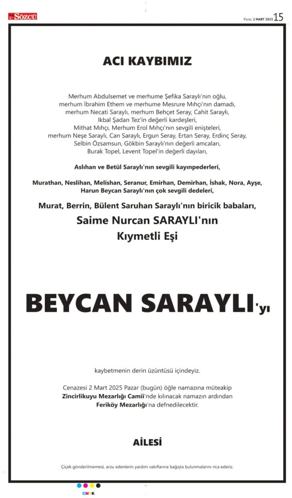 Sözcü 2 Mart Vefat İlanı