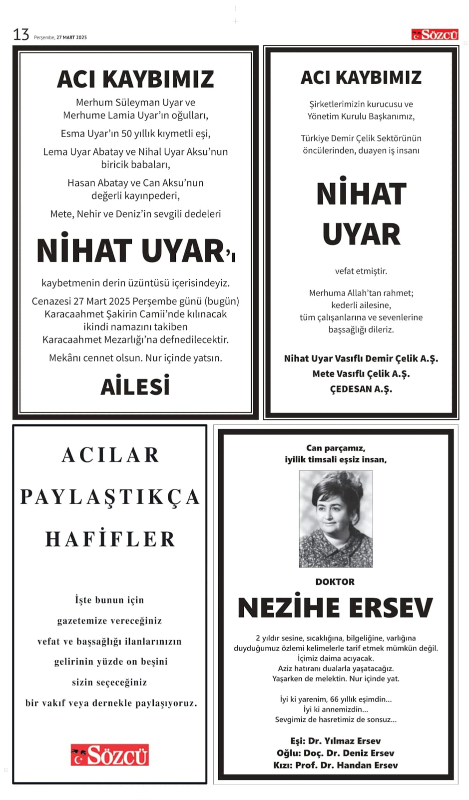 27 Mart Vefat İlanları