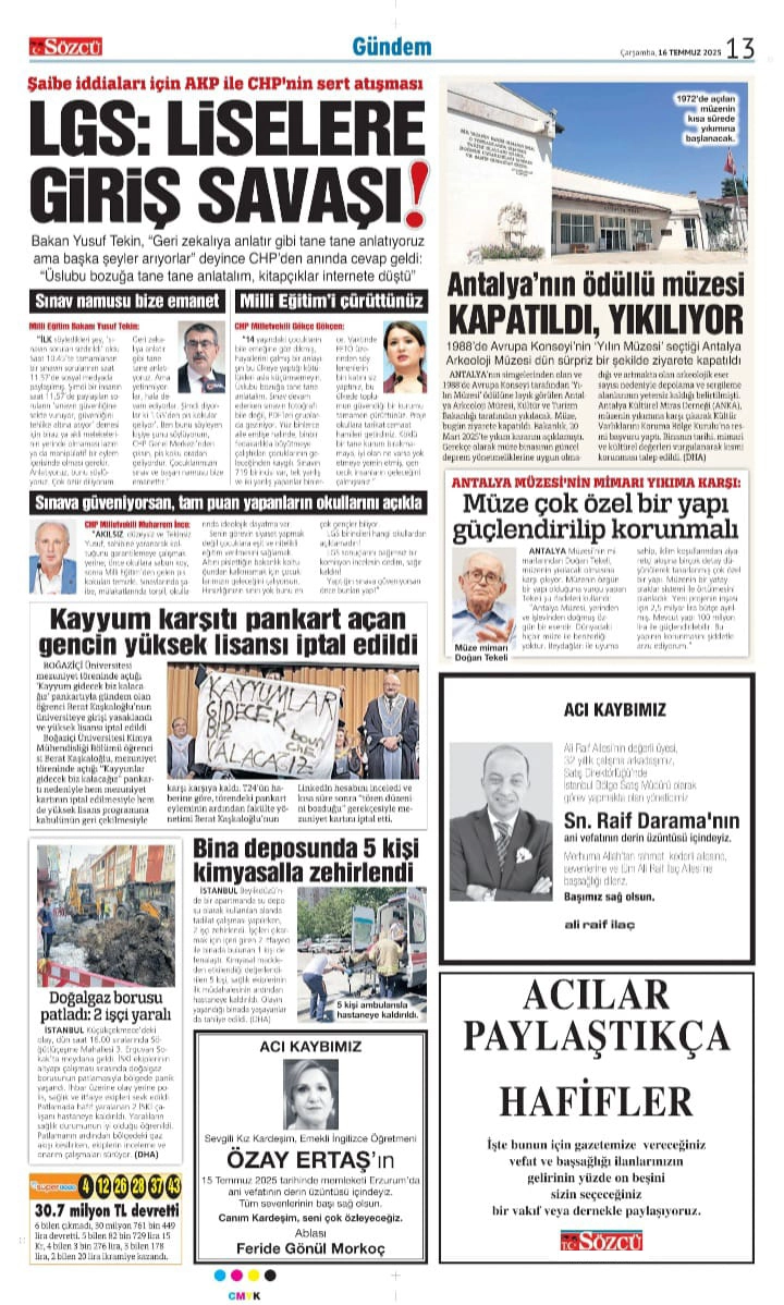 16 Temmuz 2025 Sözcü Gazetesi vefat ve başsağlığı ilanları