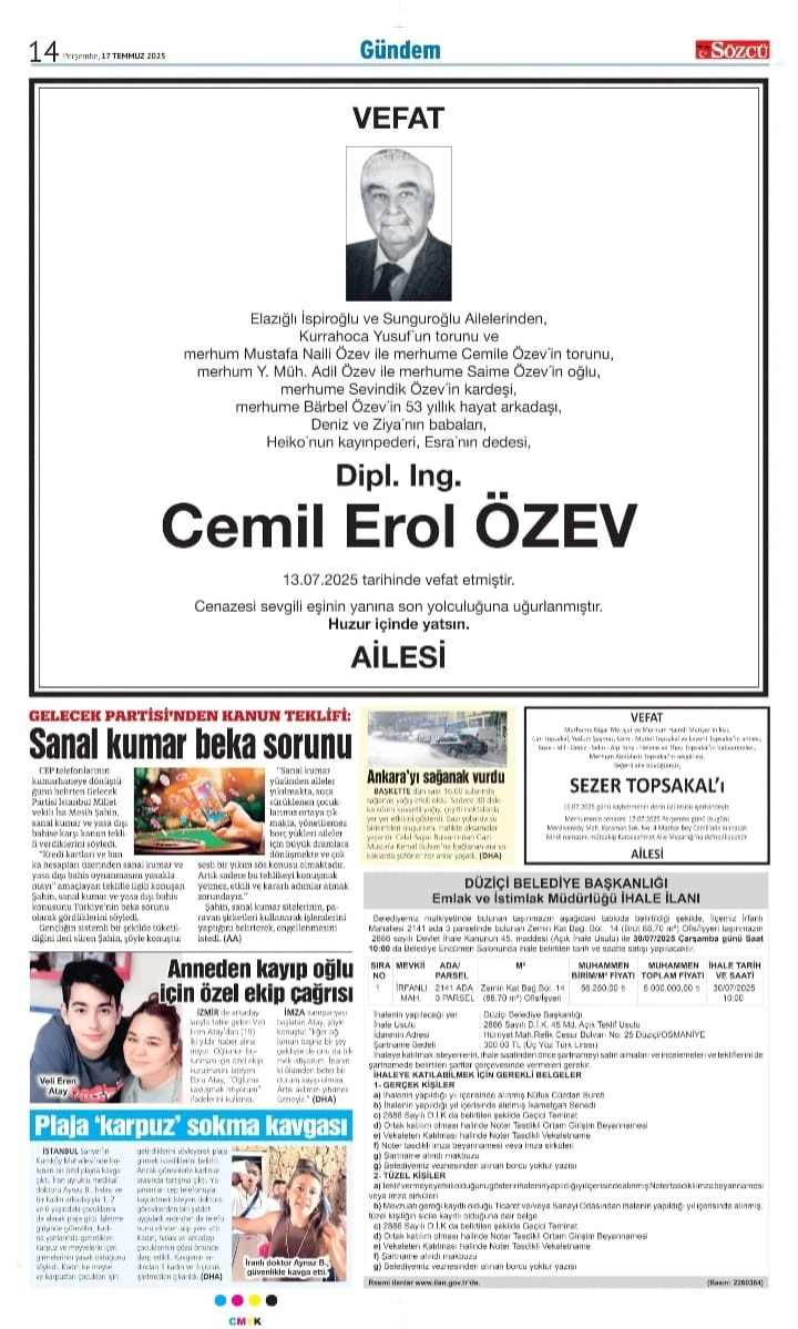 17 Temmuz 2025 Sözcü Gazetesi vefat ve başsağlığı ilanları
