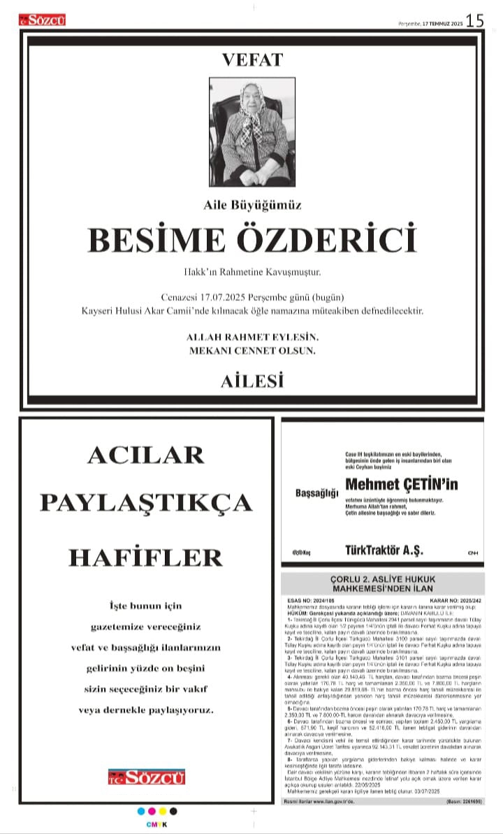 17 Temmuz 2025 Sözcü Gazetesi vefat ve başsağlığı ilanları 2