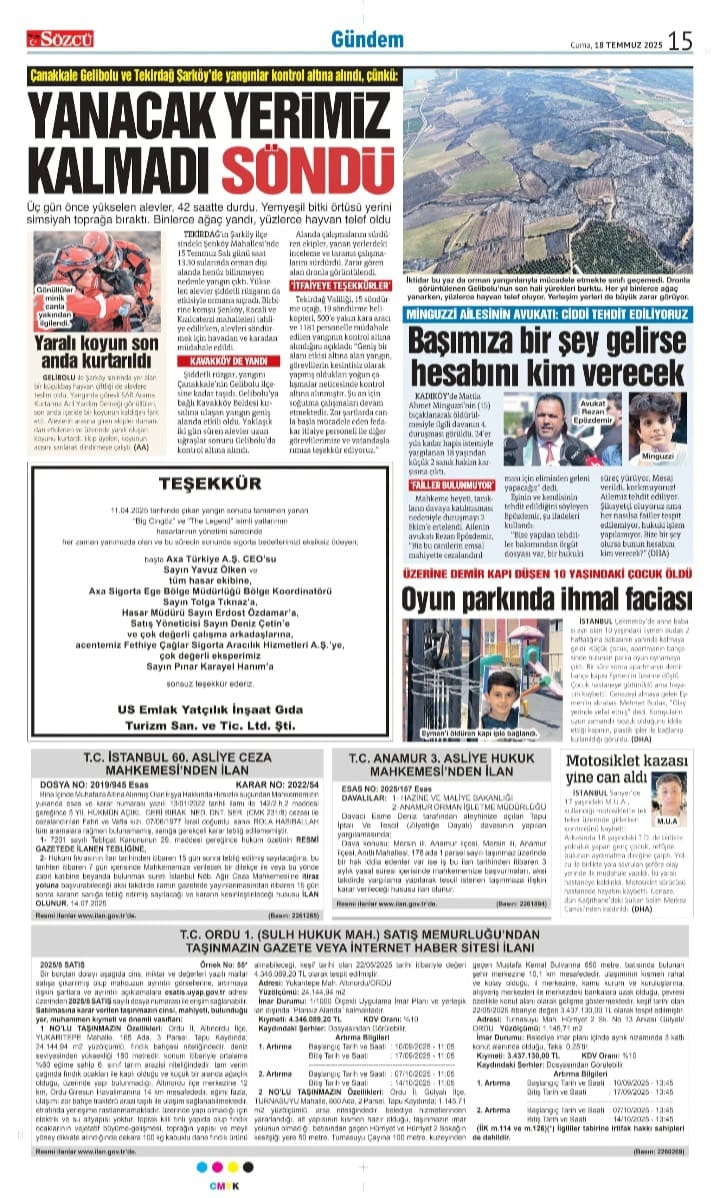 18 Temmuz 2025 Sözcü Gazetesi vefat ve başsağlığı ilanları