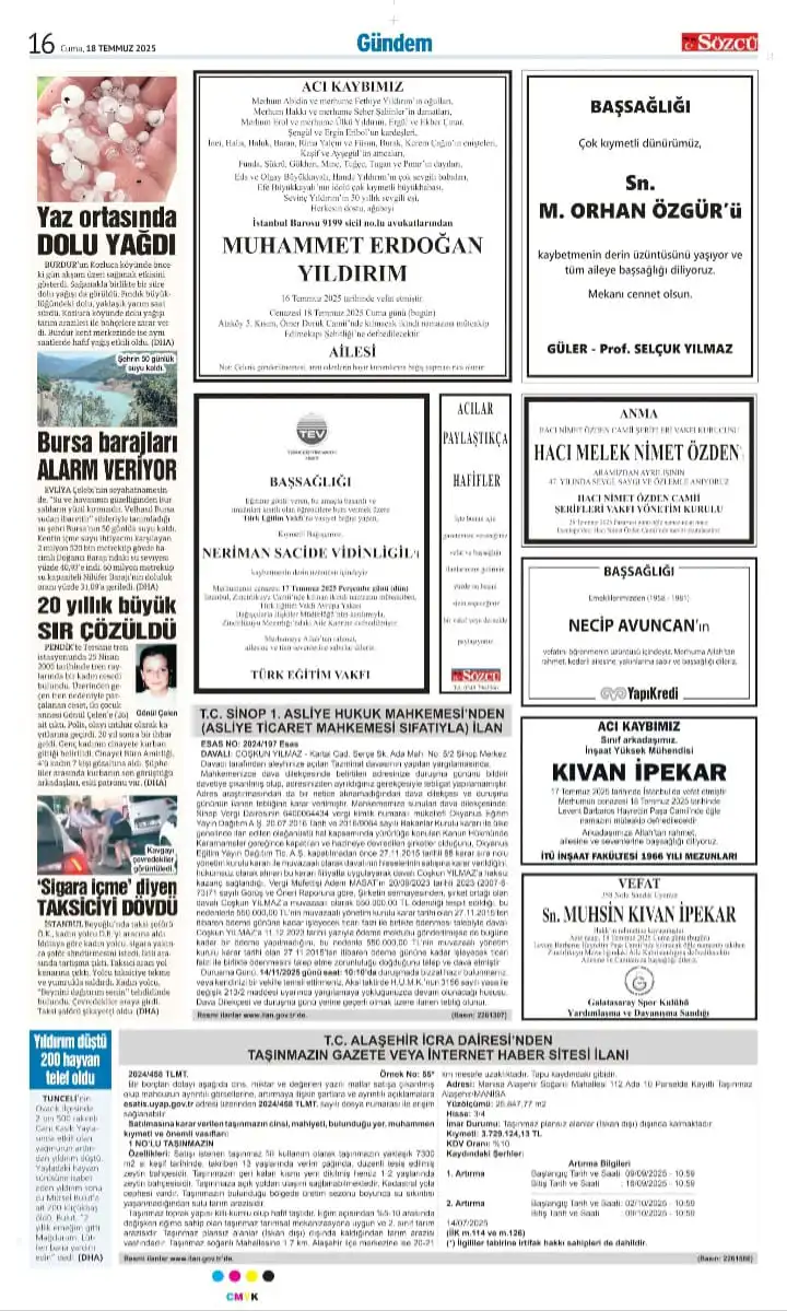 18 Temmuz 2025 Sözcü Gazetesi vefat ve başsağlığı ilanları 2