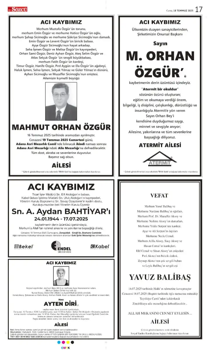18 Temmuz 2025 Sözcü Gazetesi vefat ve başsağlığı ilanları 3