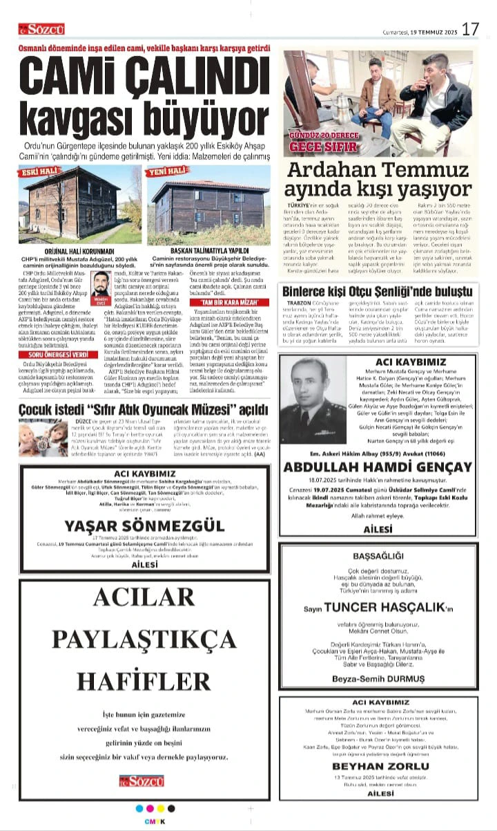 19 Temmuz 2025 Sözcü Gazetesi vefat ve başsağlığı ilanları