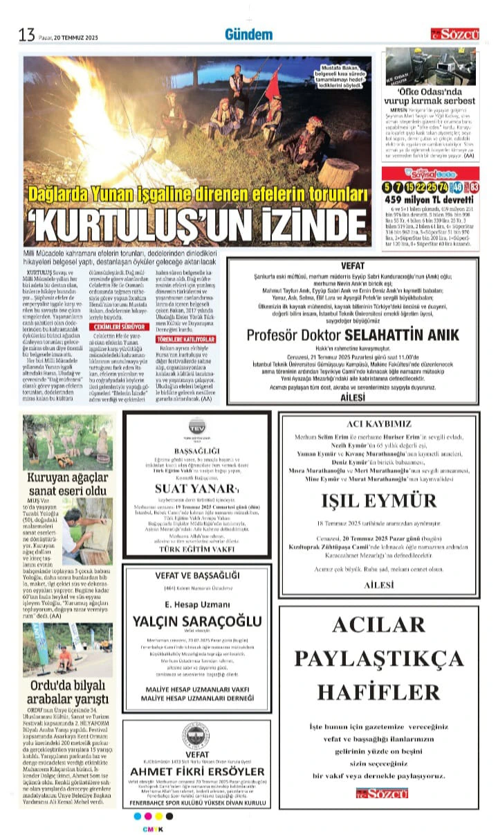 20 Temmuz 2025 Sözcü Gazetesi vefat ve başsağlığı ilanları