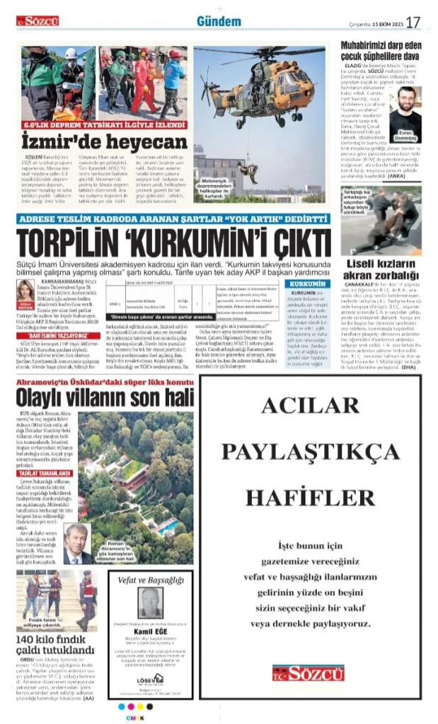 Sözcü Vefat 15 Ekim