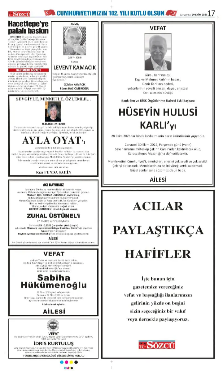 Sözcü Gazetesi 29 Ekim İlanları