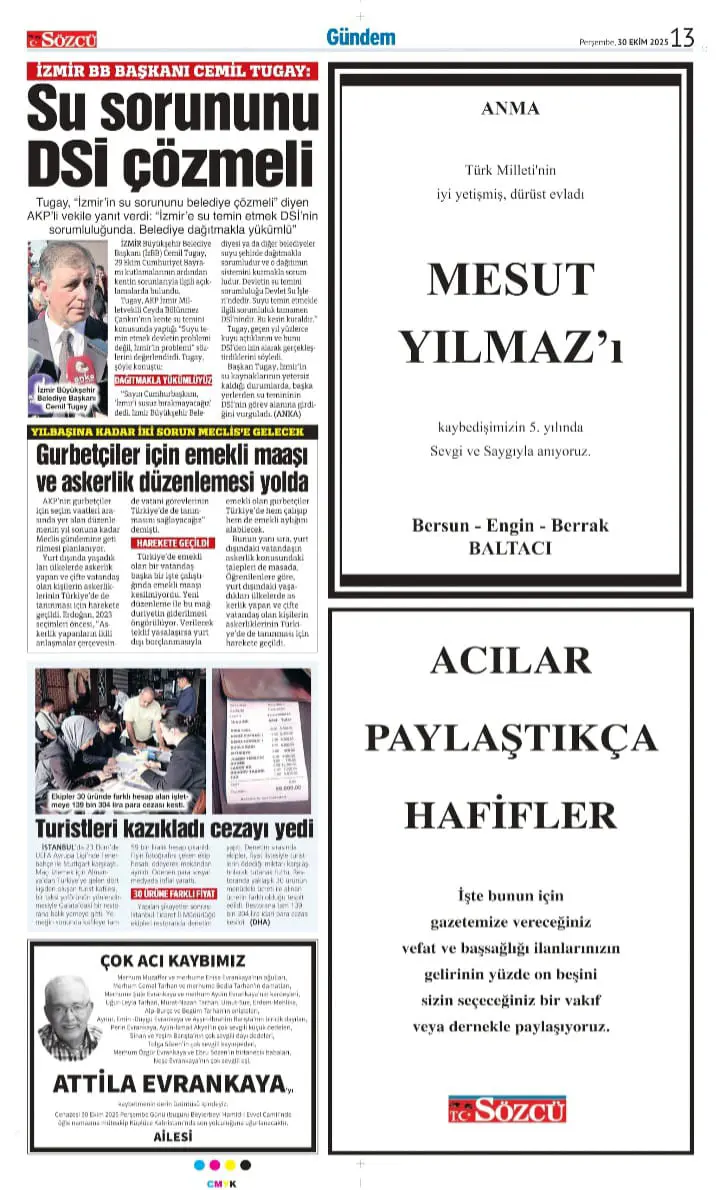 Sözcü Gazetesi 30 Ekim İlanları