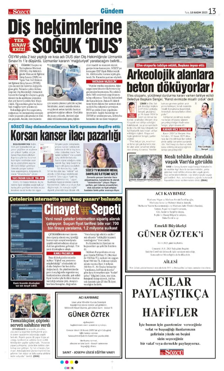 Sözcü Gazetesi 18 Kasım İlanları