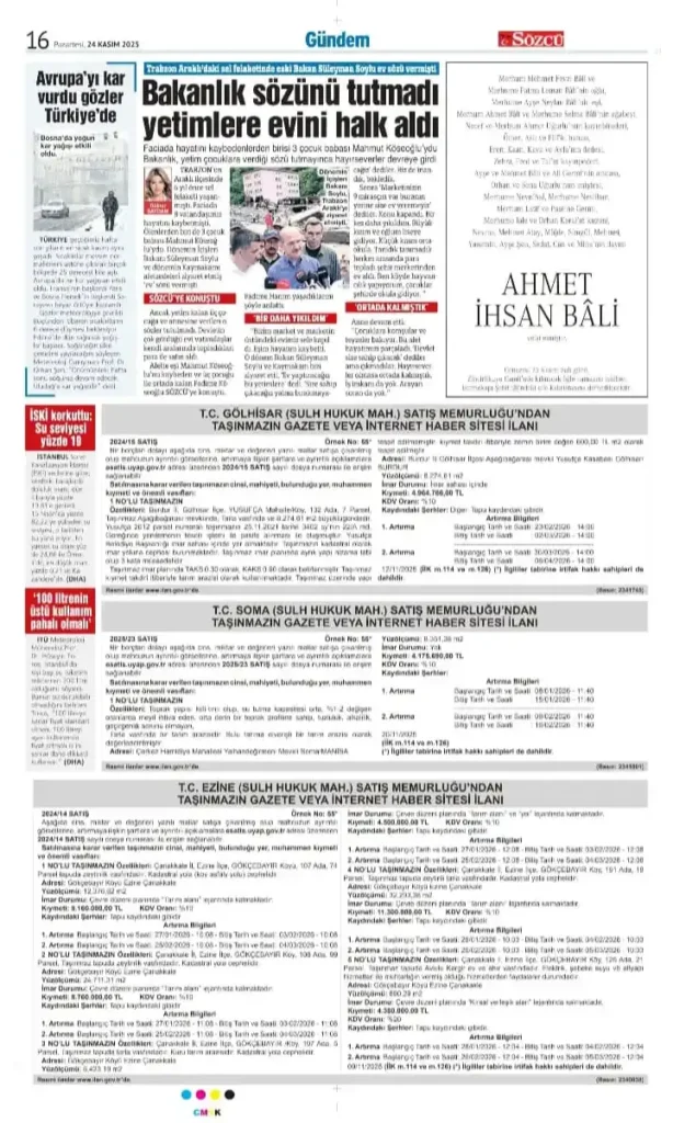 Sözcü Gazetesi 24 Kasım İlanları