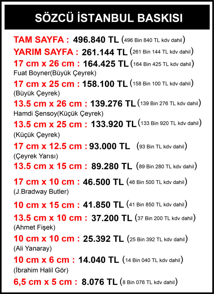 Sözcü İstanbul Vefat Fiyatları
