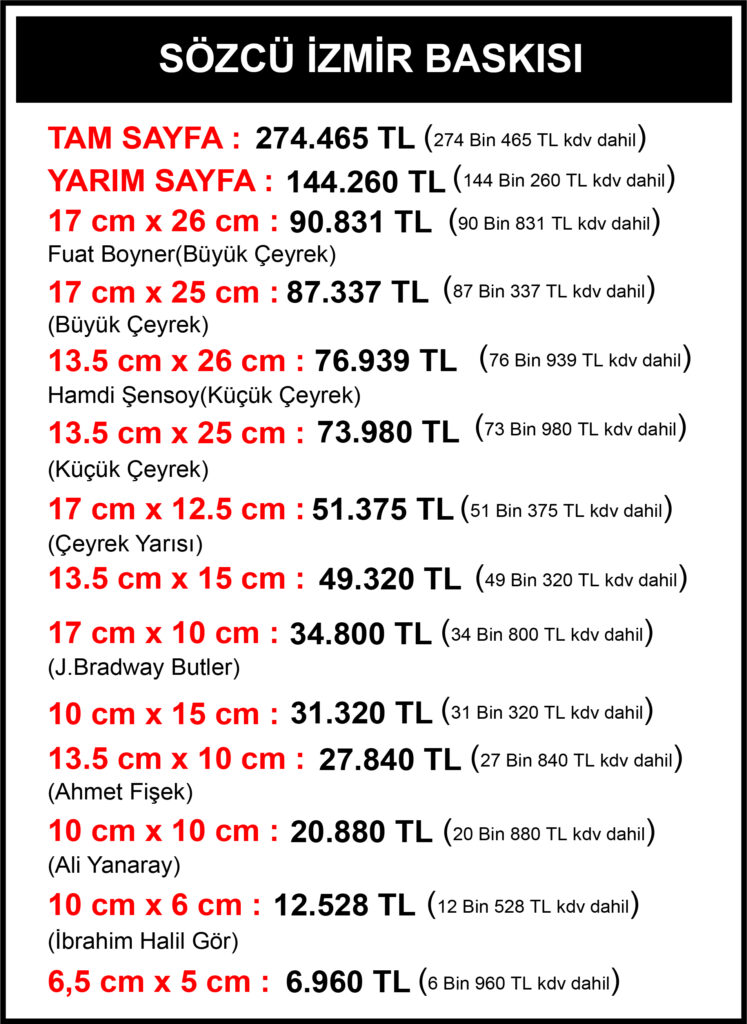 Sözcü İzmir Vefat Fiyatları