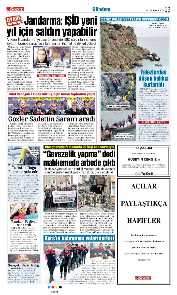 Sözcü Gazetesi 23 Aralık İlanları