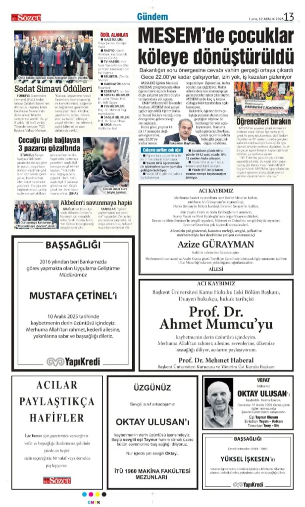 Sözcü gazetesi 12 Aralık İlanları